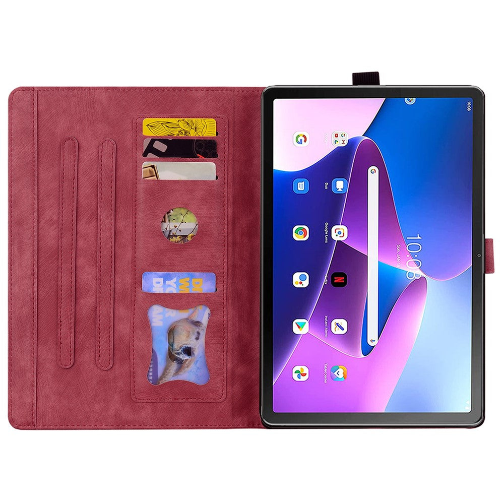 For Lenovo Tab M10 (Gen 3) TB-328XU / TB-328FU PU Leather Stand Tablet Case Imprinted Flower Cat Card Holder Cover - Wine Red