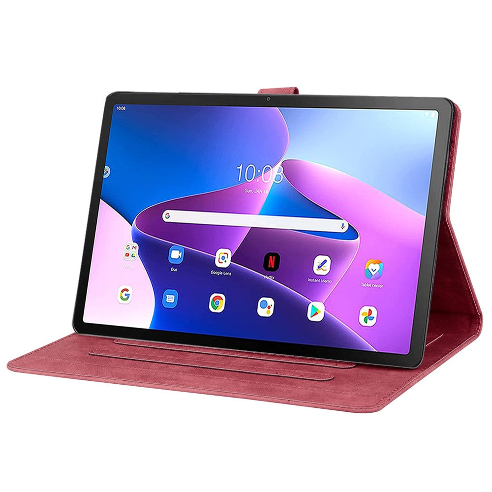 For Lenovo Tab M10 (Gen 3) TB-328XU / TB-328FU PU Leather Stand Tablet Case Imprinted Flower Cat Card Holder Cover - Wine Red