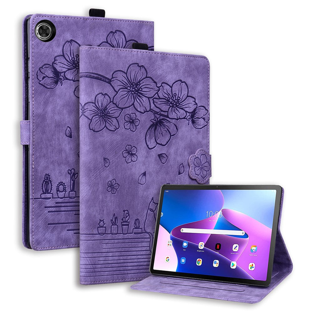 For Lenovo Tab M10 (Gen 3) TB-328XU / TB-328FU PU Leather Stand Tablet Case Imprinted Flower Cat Card Holder Cover - Purple