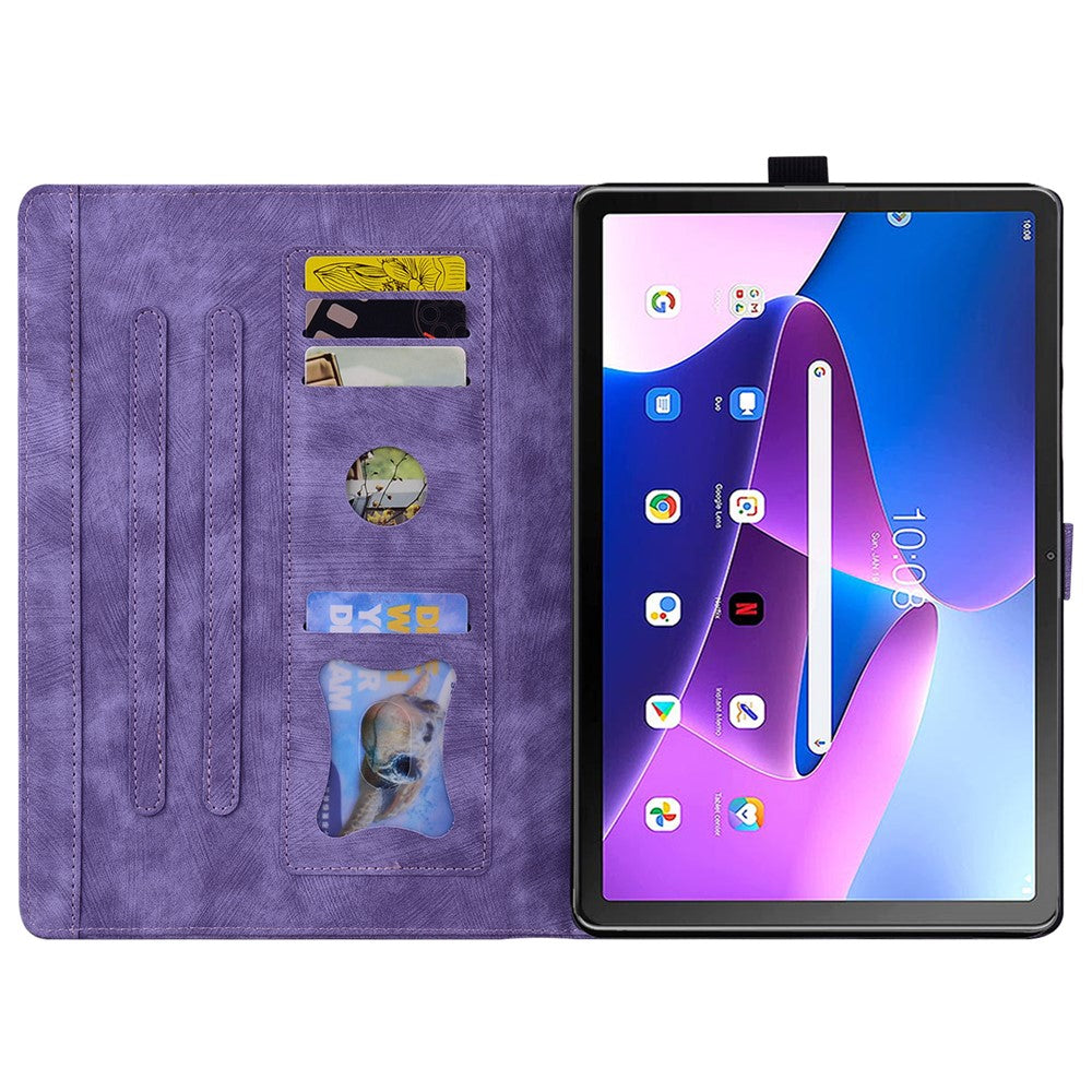 For Lenovo Tab M10 (Gen 3) TB-328XU / TB-328FU PU Leather Stand Tablet Case Imprinted Flower Cat Card Holder Cover - Purple