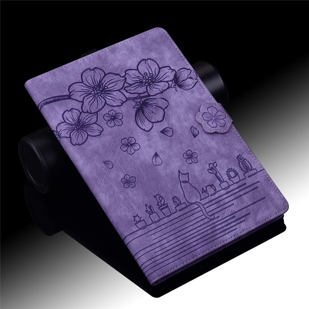 For Lenovo Tab M10 (Gen 3) TB-328XU / TB-328FU PU Leather Stand Tablet Case Imprinted Flower Cat Card Holder Cover - Purple