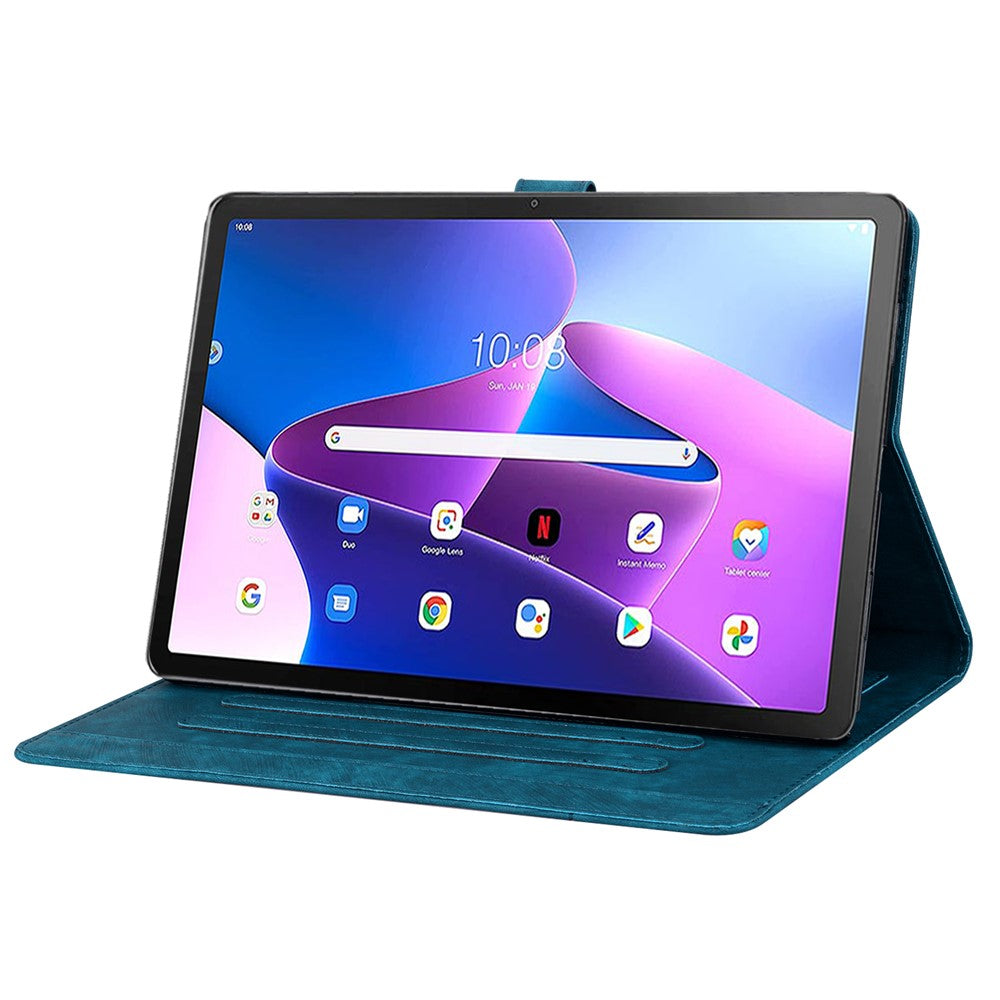 For Lenovo Tab M10 (Gen 3) TB-328XU / TB-328FU PU Leather Stand Tablet Case Imprinted Flower Cat Card Holder Cover - Sapphire