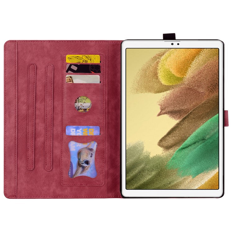 Stand Tablet Case for Samsung Galaxy Tab A7 Lite 8.7-inch PU Leather Imprinted Flower Cat Cover with Card Slots - Wine Red