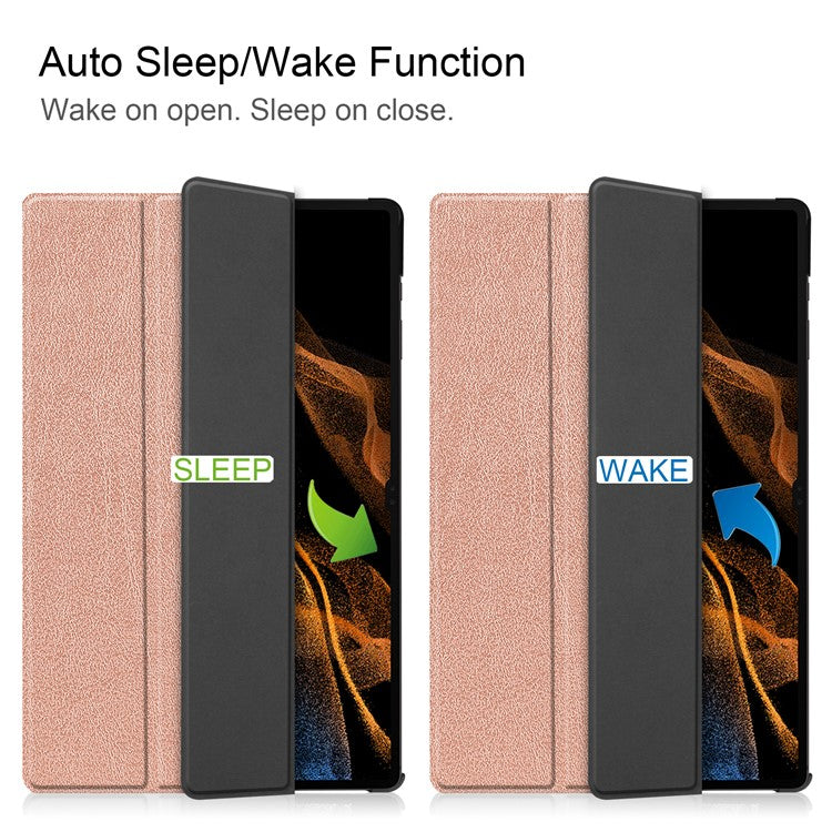 For Samsung Galaxy Tab S9 Ultra Tablet Case PU Leather Tri-fold Stand Smart Cover - Rose Gold