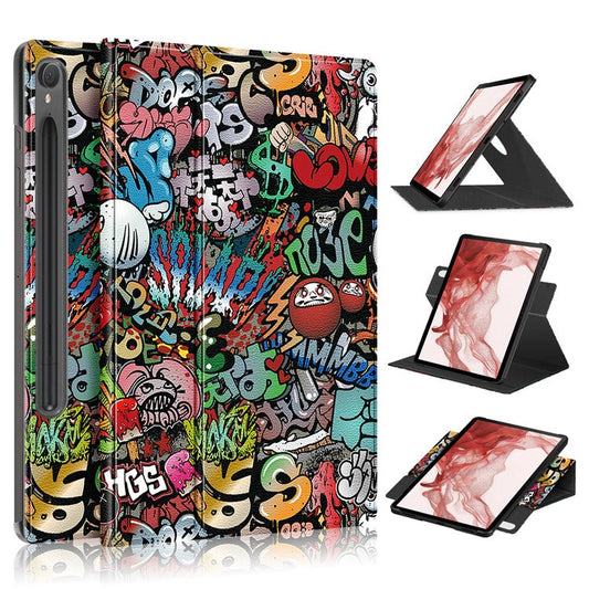 Rotating Stand Cover for Samsung Galaxy Tab S9 SM-X710, SM-X716B, SM-X718U PU Leather Pattern Printing Tablet Case - Graffiti