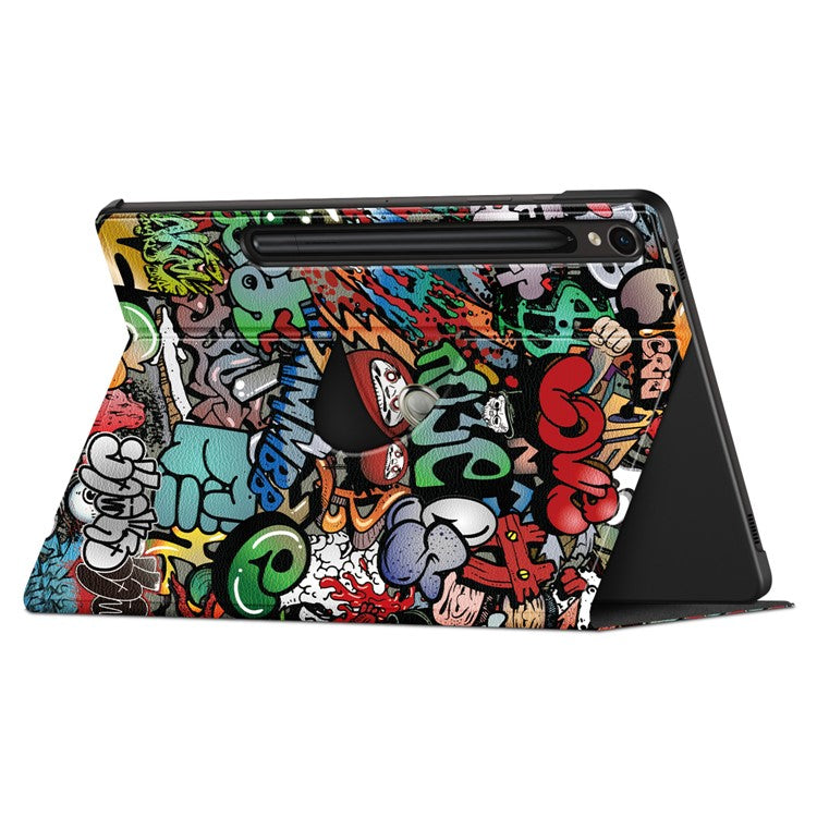 Rotating Stand Cover for Samsung Galaxy Tab S9 SM-X710, SM-X716B, SM-X718U PU Leather Pattern Printing Tablet Case - Graffiti