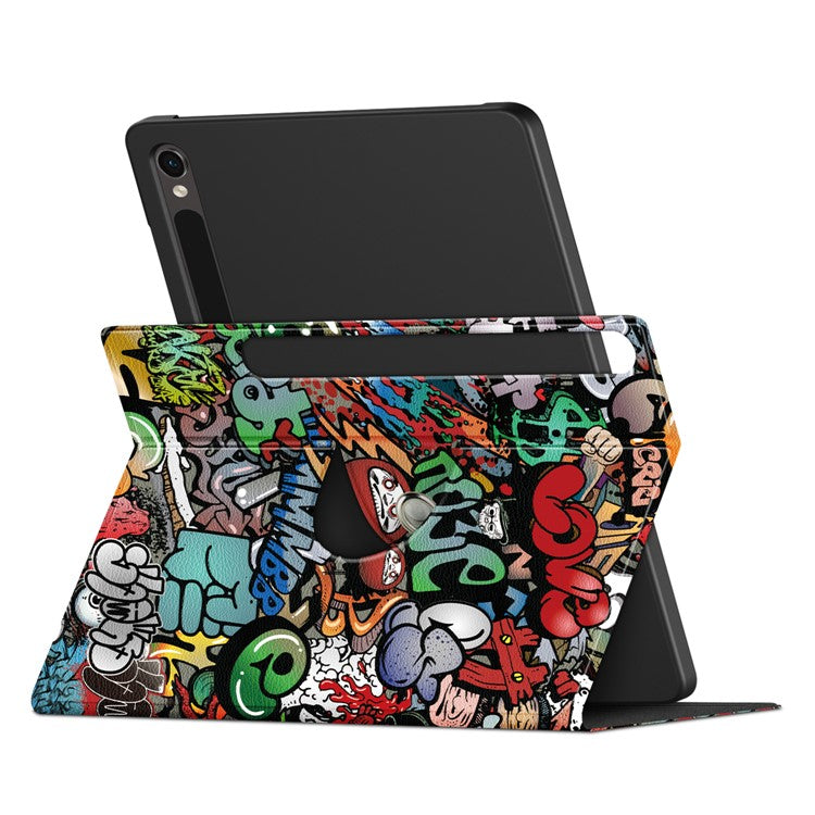 Rotating Stand Cover for Samsung Galaxy Tab S9 SM-X710, SM-X716B, SM-X718U PU Leather Pattern Printing Tablet Case - Graffiti