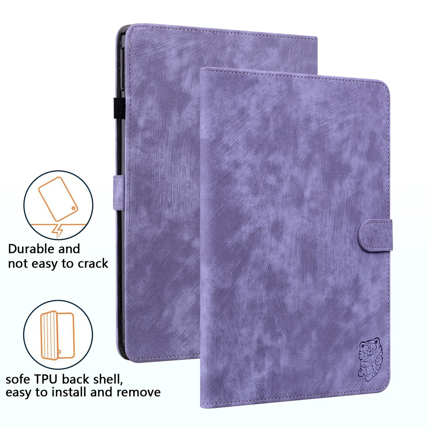 For Samsung Galaxy Tab S10 / S9 / S9 FE Stand Folio Tablet Case PU Leather Cute Tiger Pattern Cover with Card Holder - Purple