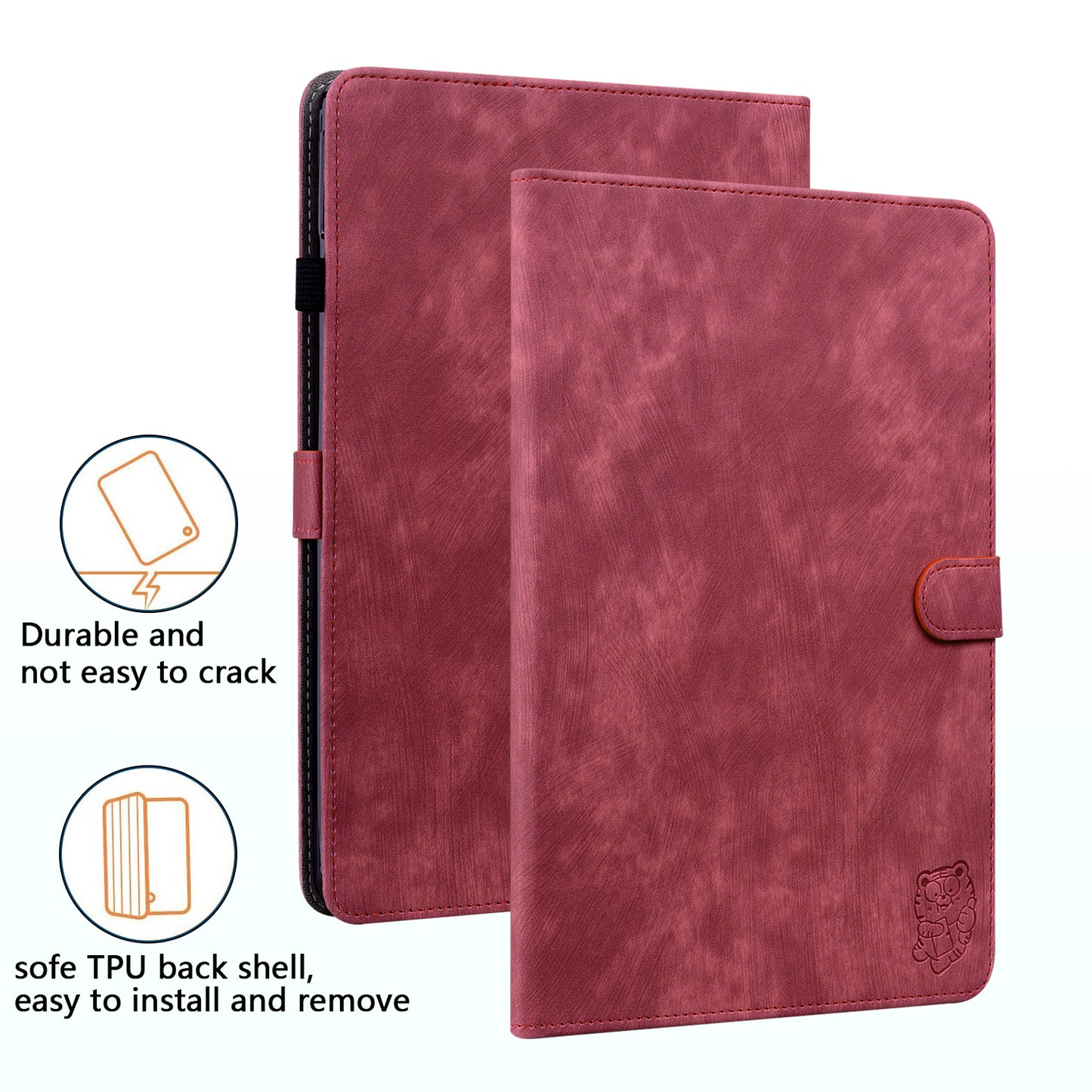 For Samsung Galaxy Tab S10 / S9 / S9 FE Stand Folio Tablet Case PU Leather Cute Tiger Pattern Cover with Card Holder - Red