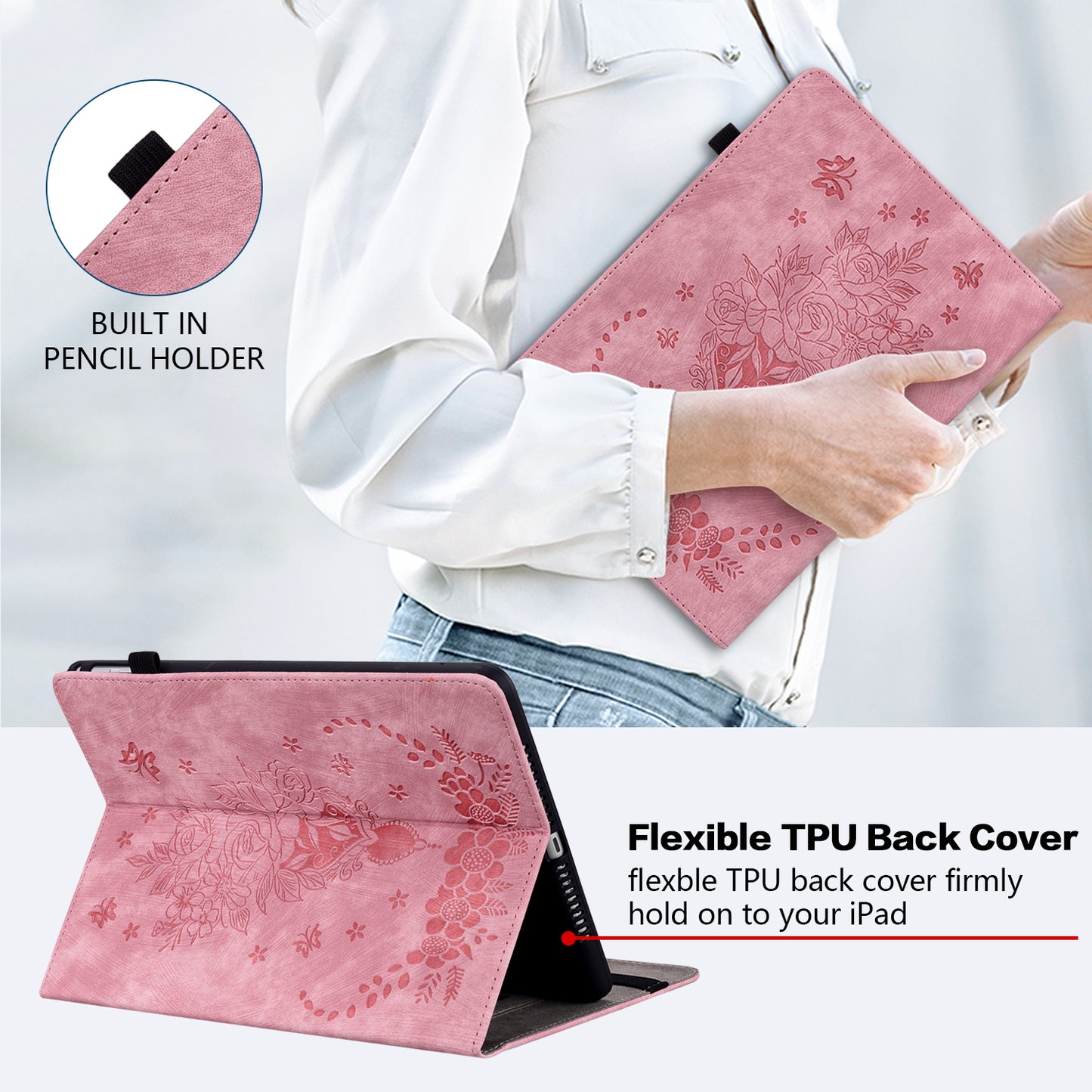 For Samsung Galaxy Tab S10 / S9 / S9 FE Stand Folio Case PU Leather Imprinted Cards Holder Tablet Cover - Pink