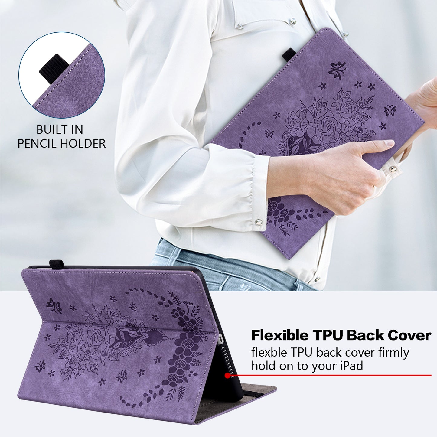 For Samsung Galaxy Tab S10 / S9 / S9 FE Stand Folio Case PU Leather Imprinted Cards Holder Tablet Cover - Purple