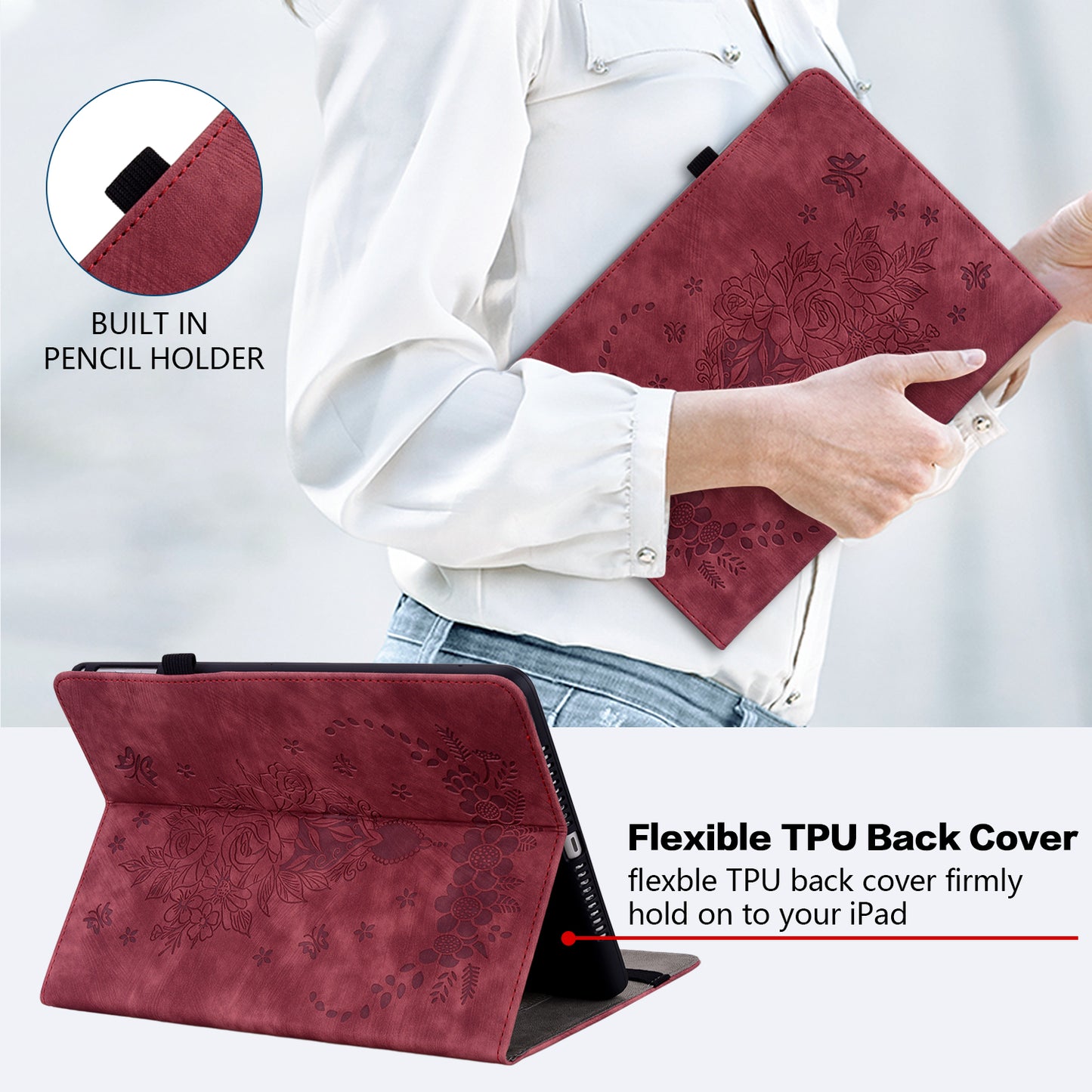 For Samsung Galaxy Tab S10 / S9 / S9 FE Stand Folio Case PU Leather Imprinted Cards Holder Tablet Cover - Red