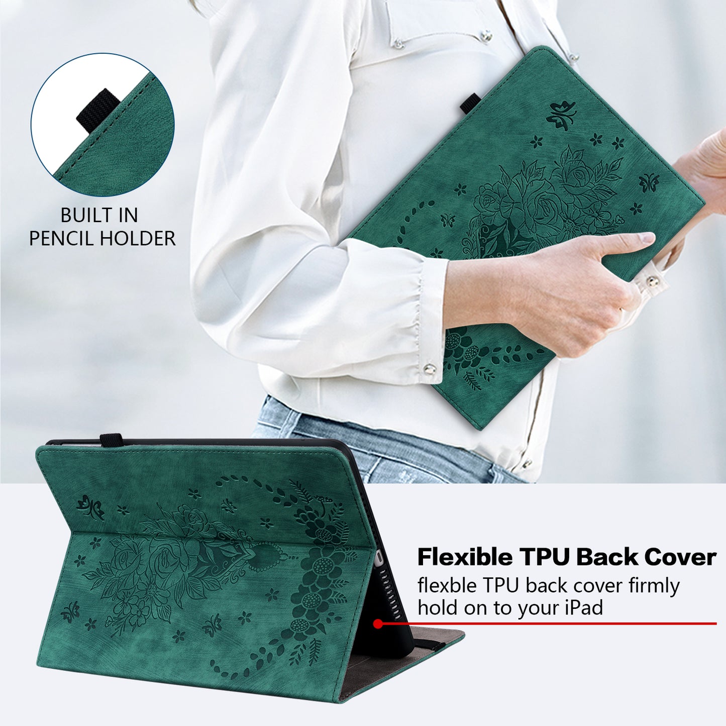 For Samsung Galaxy Tab S10 / S9 / S9 FE Stand Folio Case PU Leather Imprinted Cards Holder Tablet Cover - Green