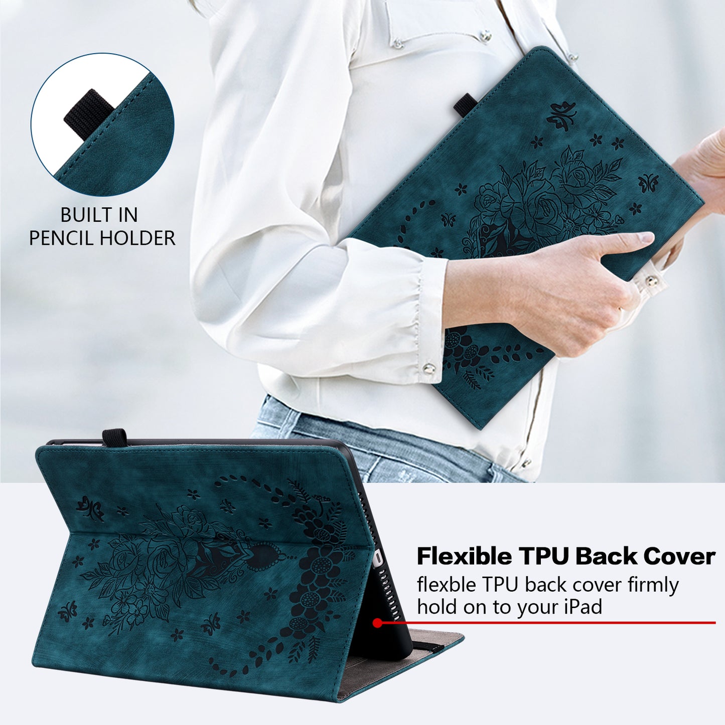 For Samsung Galaxy Tab S10 / S9 / S9 FE Stand Folio Case PU Leather Imprinted Cards Holder Tablet Cover - Blue