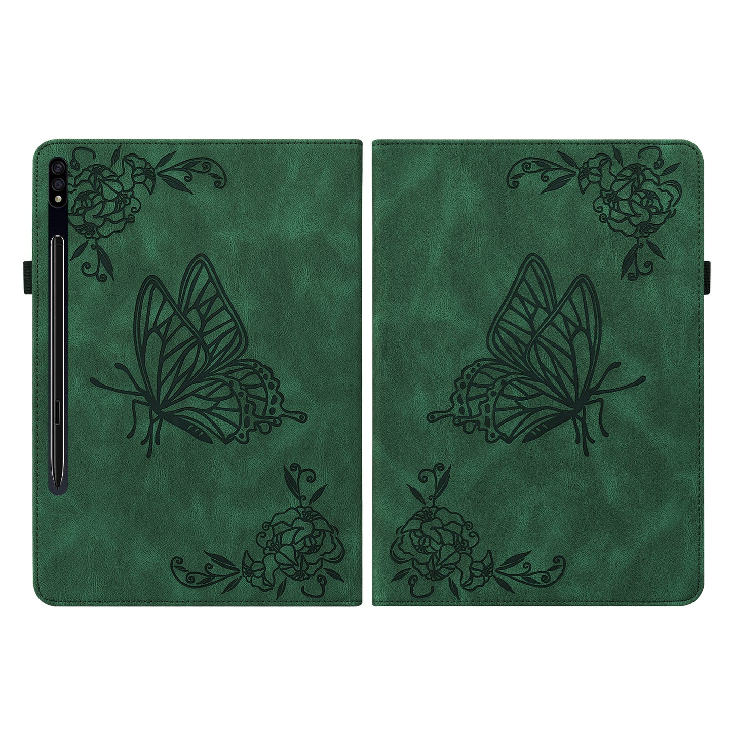For Samsung Galaxy Tab S10 / S9 / S9 FE PU Leather Stand Cover Imprinted Butterfly Flower Card Holder Tablet Case - Green