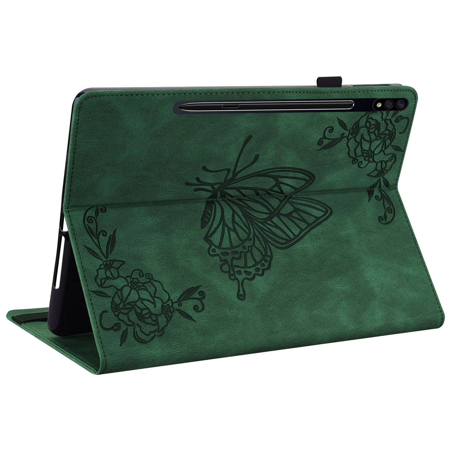 For Samsung Galaxy Tab S10 / S9 / S9 FE PU Leather Stand Cover Imprinted Butterfly Flower Card Holder Tablet Case - Green