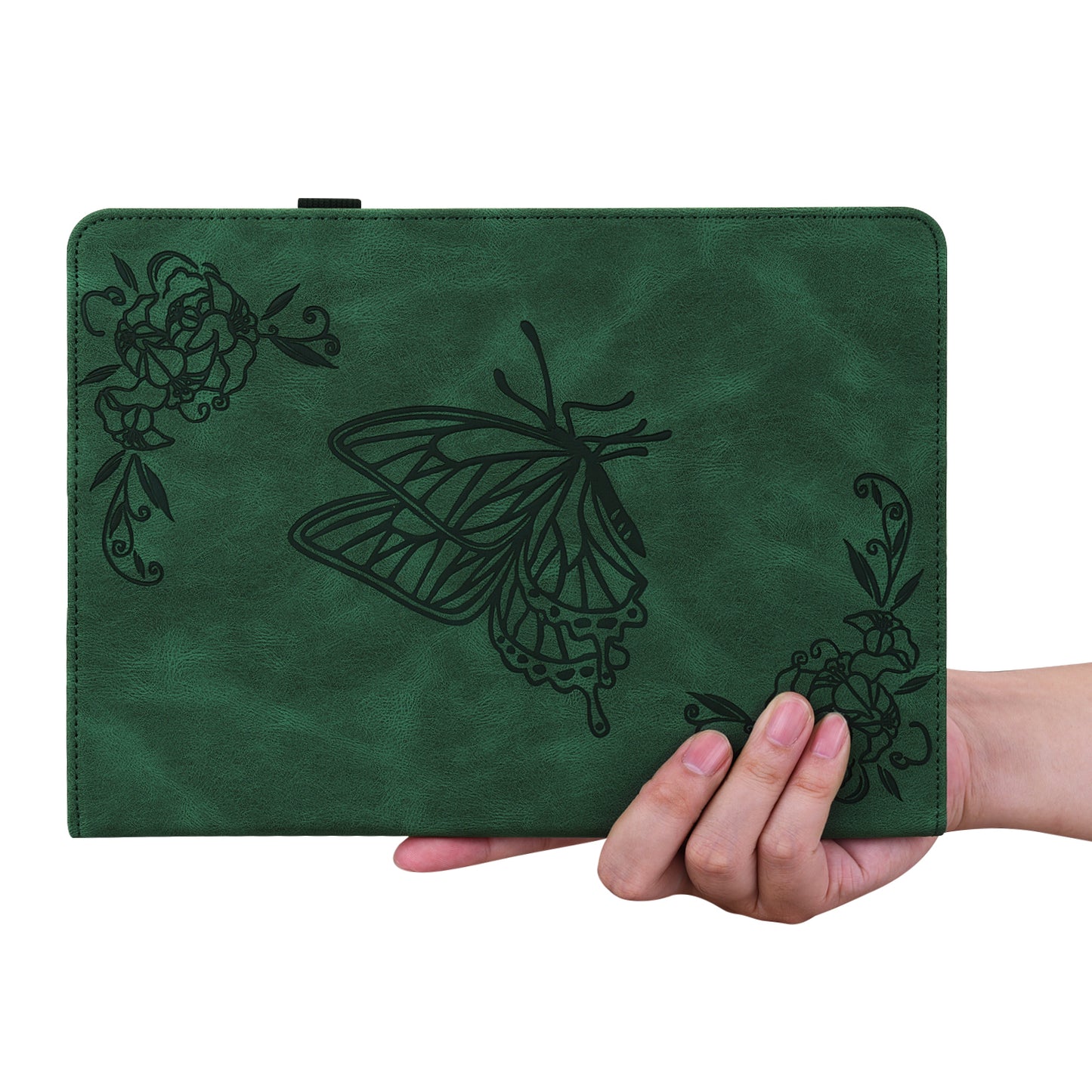 For Samsung Galaxy Tab S10 / S9 / S9 FE PU Leather Stand Cover Imprinted Butterfly Flower Card Holder Tablet Case - Green