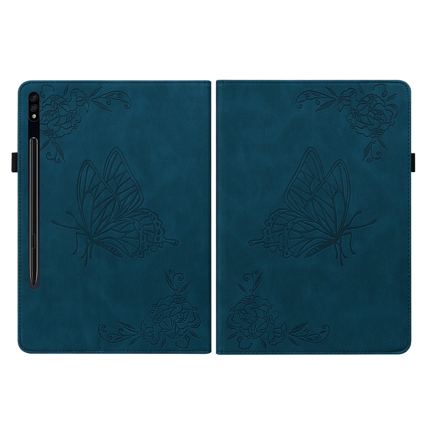For Samsung Galaxy Tab S10 / S9 / S9 FE PU Leather Stand Cover Imprinted Butterfly Flower Card Holder Tablet Case - Dark Blue