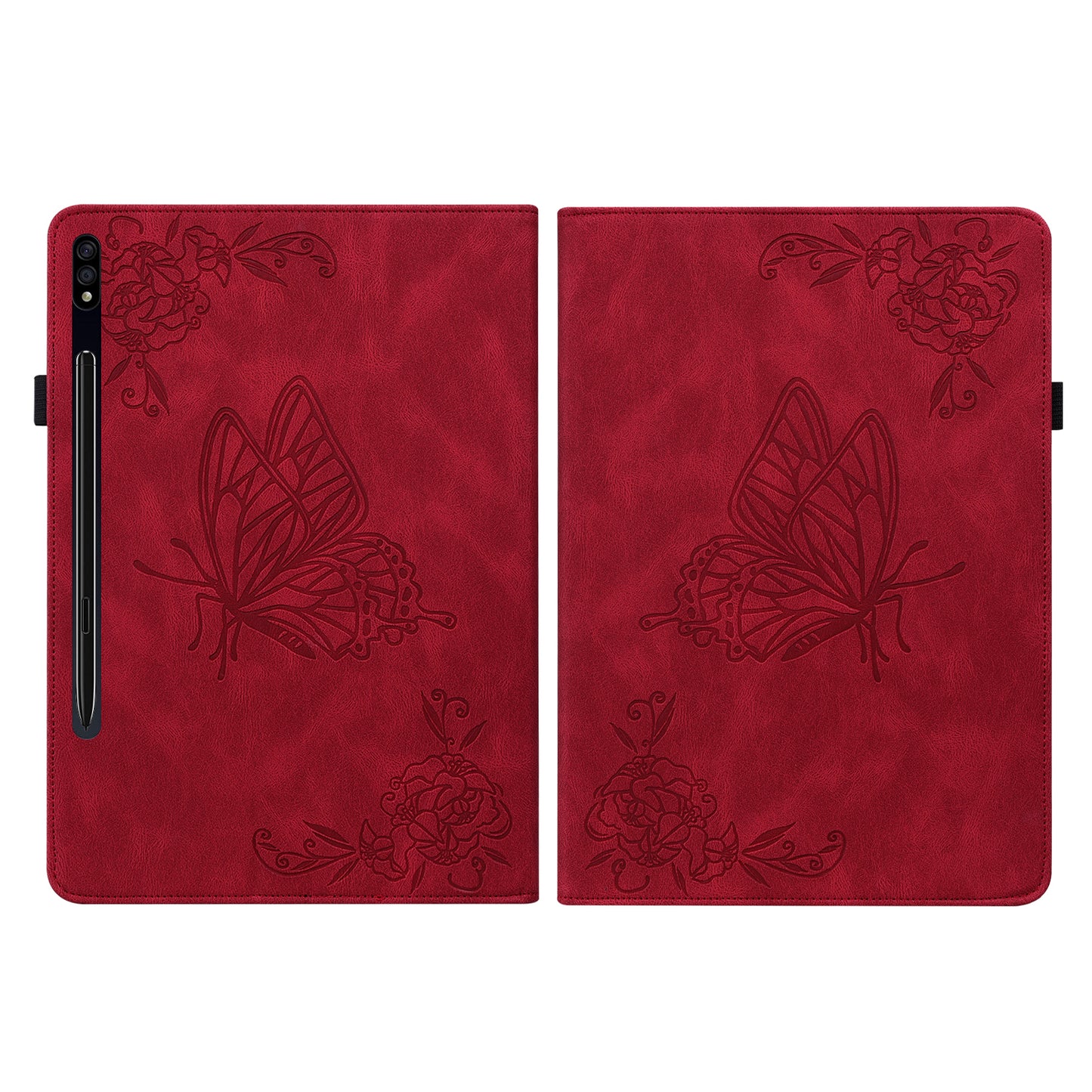 For Samsung Galaxy Tab S10 / S9 / S9 FE PU Leather Stand Cover Imprinted Butterfly Flower Card Holder Tablet Case - Red