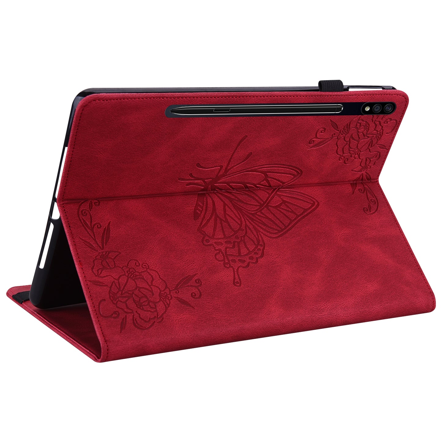 For Samsung Galaxy Tab S10 / S9 / S9 FE PU Leather Stand Cover Imprinted Butterfly Flower Card Holder Tablet Case - Red