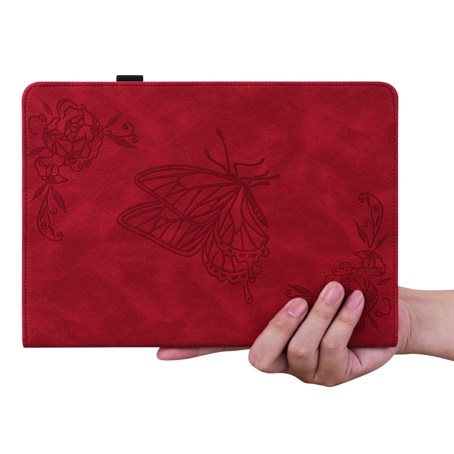 For Samsung Galaxy Tab S10 / S9 / S9 FE PU Leather Stand Cover Imprinted Butterfly Flower Card Holder Tablet Case - Red
