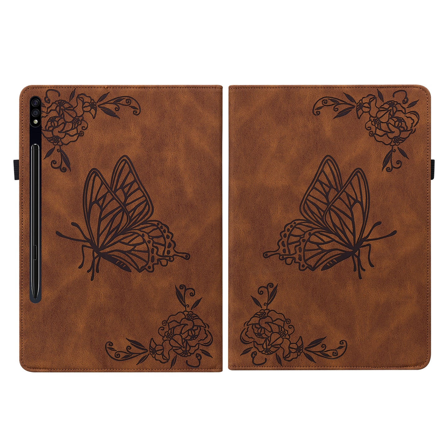 For Samsung Galaxy Tab S10 / S9 / S9 FE PU Leather Stand Cover Imprinted Butterfly Flower Card Holder Tablet Case - Brown