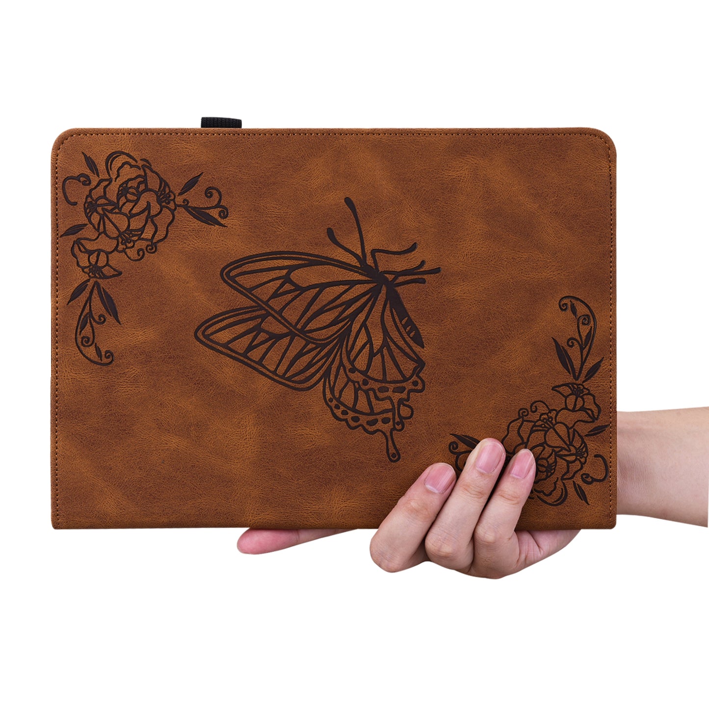 For Samsung Galaxy Tab S10 / S9 / S9 FE PU Leather Stand Cover Imprinted Butterfly Flower Card Holder Tablet Case - Brown