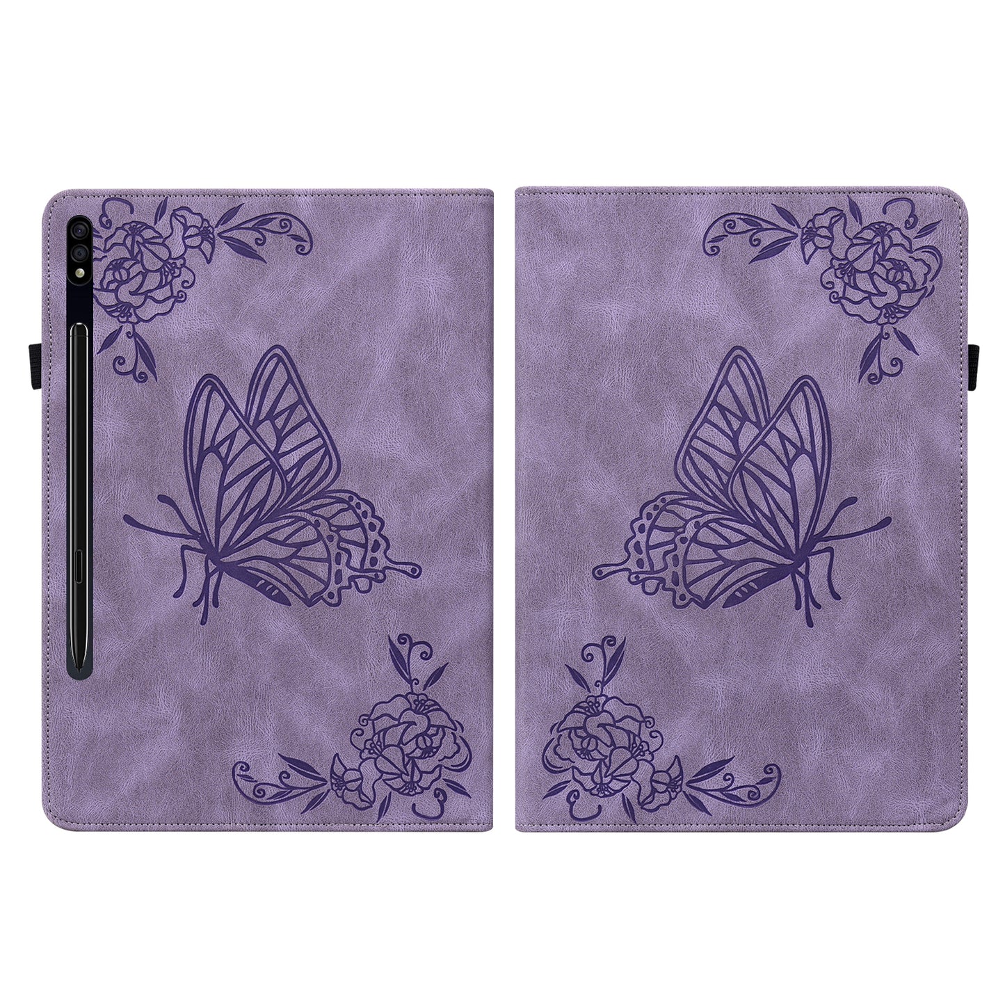 For Samsung Galaxy Tab S10 / S9 / S9 FE PU Leather Stand Cover Imprinted Butterfly Flower Card Holder Tablet Case - Purple