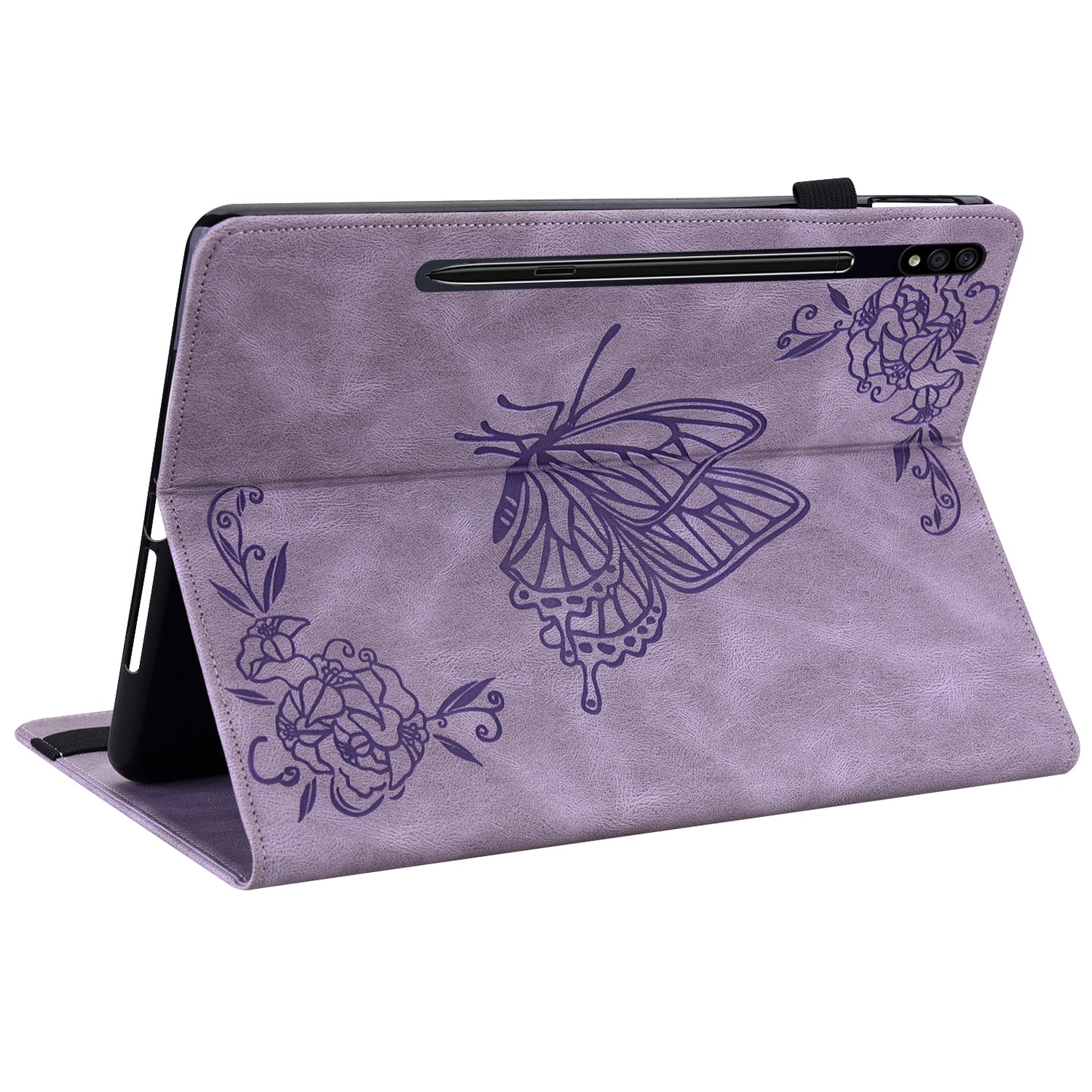 For Samsung Galaxy Tab S10 / S9 / S9 FE PU Leather Stand Cover Imprinted Butterfly Flower Card Holder Tablet Case - Purple