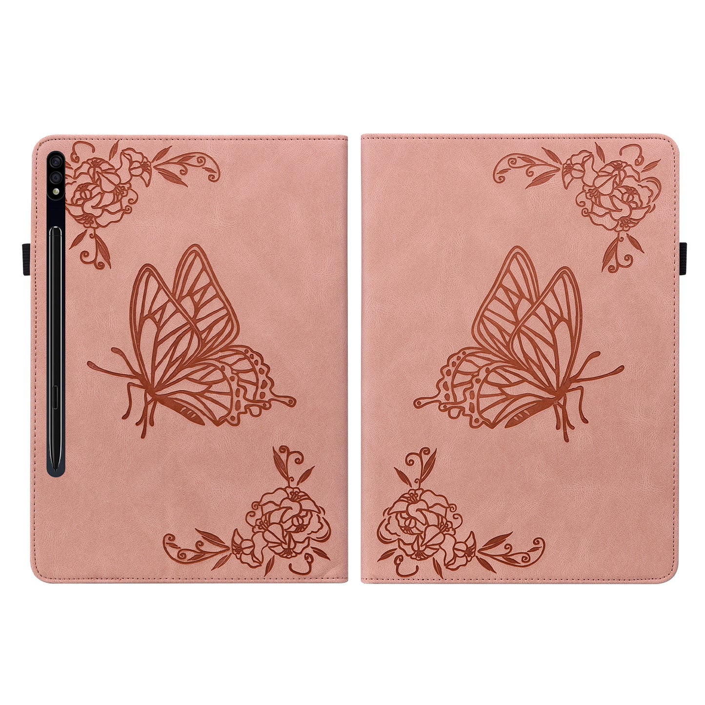 For Samsung Galaxy Tab S10 / S9 / S9 FE PU Leather Stand Cover Imprinted Butterfly Flower Card Holder Tablet Case - Pink
