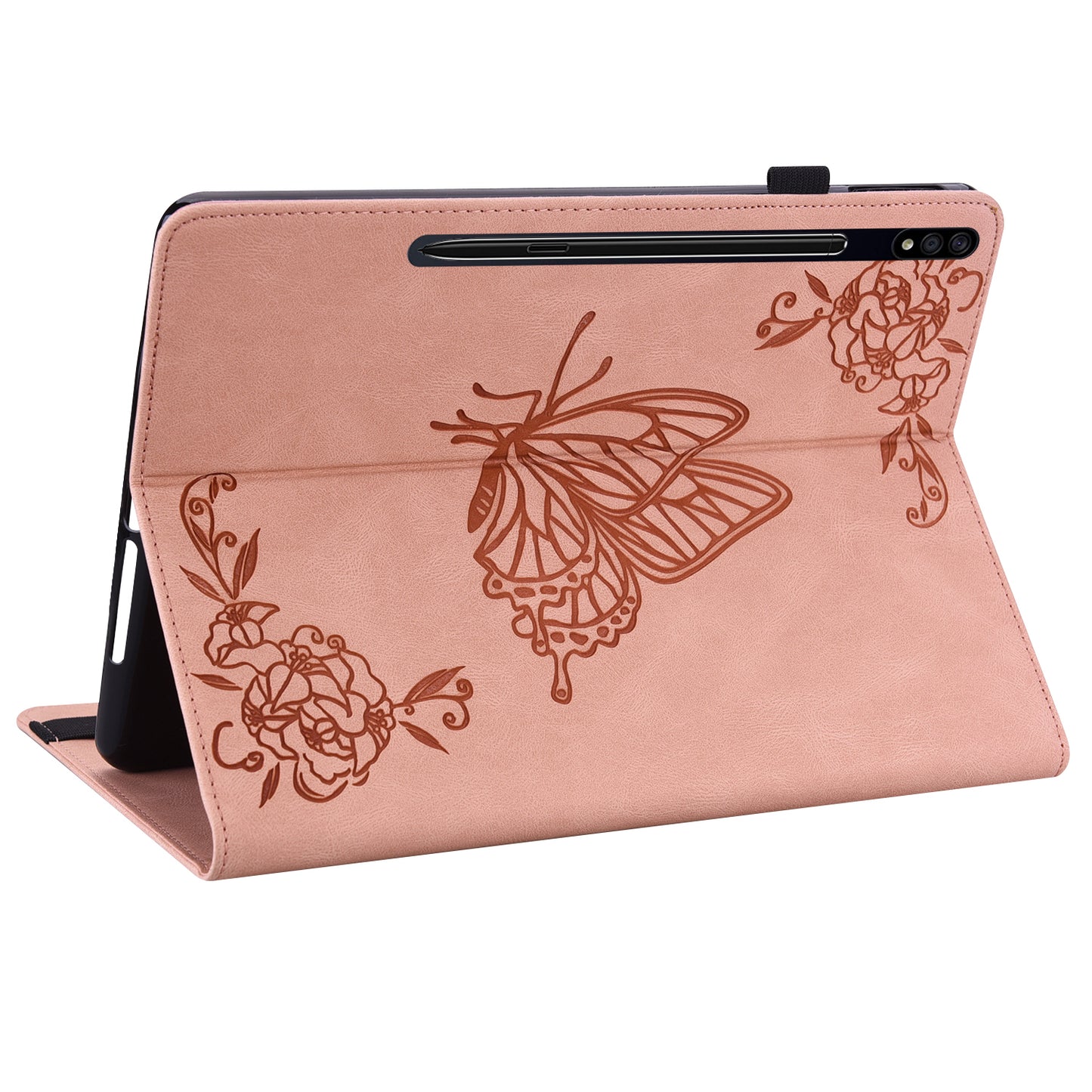 For Samsung Galaxy Tab S10 / S9 / S9 FE PU Leather Stand Cover Imprinted Butterfly Flower Card Holder Tablet Case - Pink