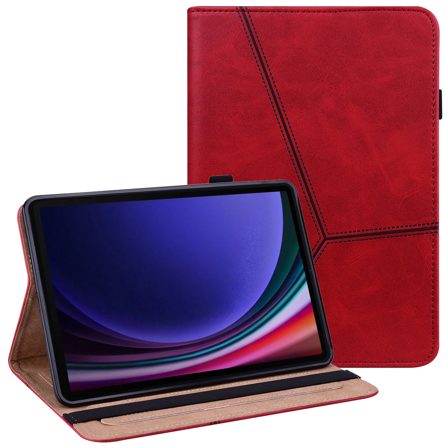 For Samsung Galaxy Tab S10+ / S9+ / S9 FE+ PU Leather Tablet Case Line Imprinted Stand Cover with Card Slots - Red