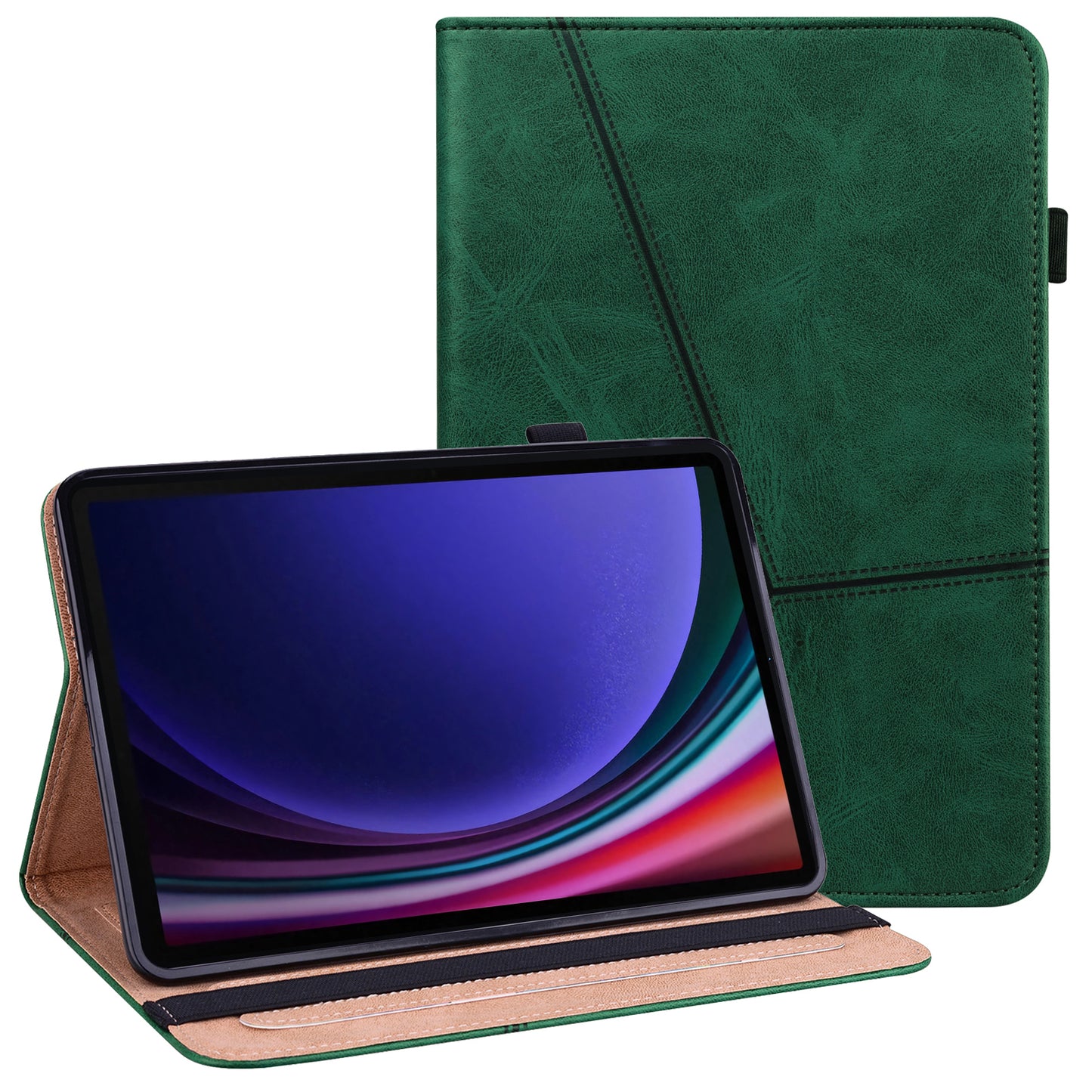 For Samsung Galaxy Tab S10+ / S9+ / S9 FE+ PU Leather Tablet Case Line Imprinted Stand Cover with Card Slots - Green