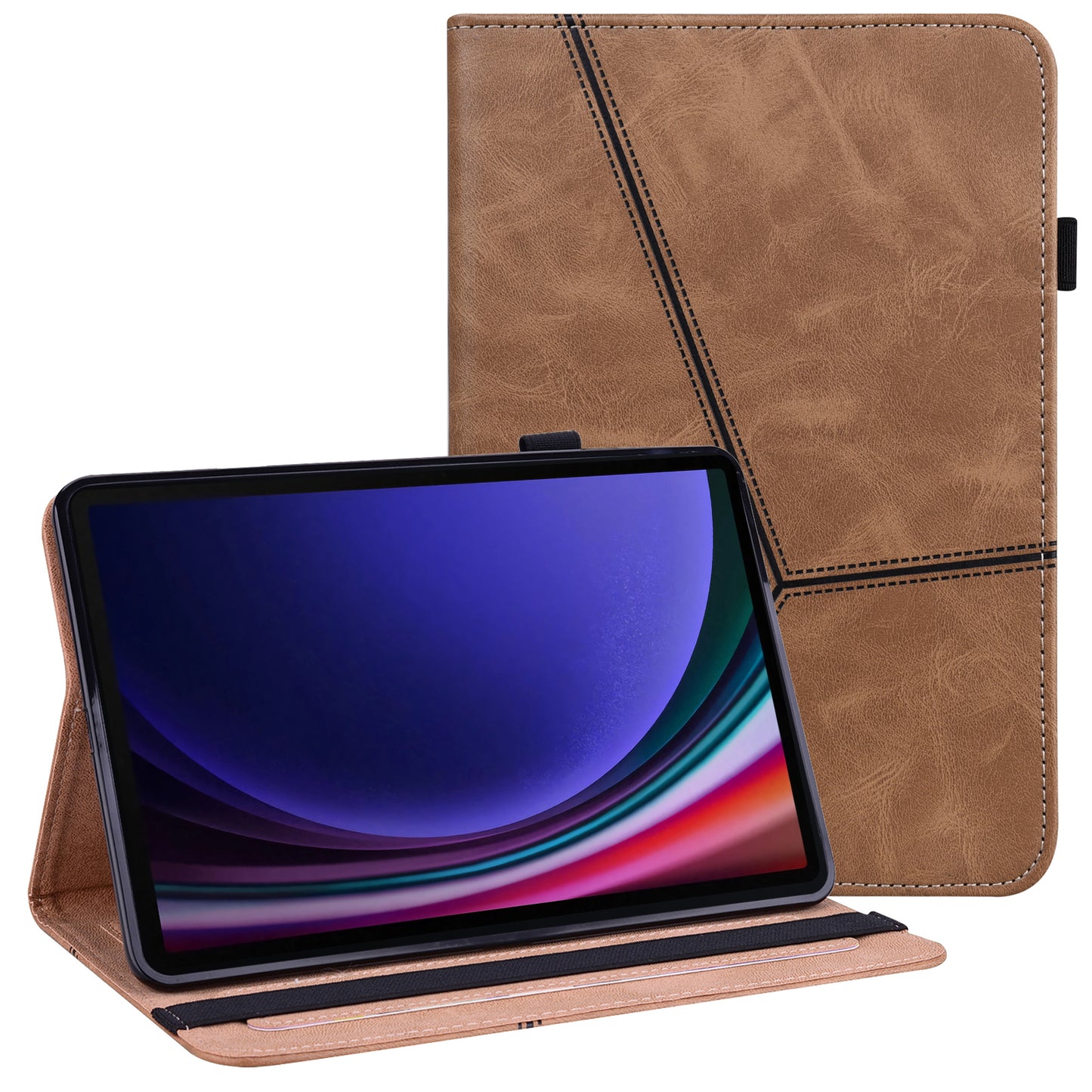 For Samsung Galaxy Tab S10+ / S9+ / S9 FE+ PU Leather Tablet Case Line Imprinted Stand Cover with Card Slots - Brown
