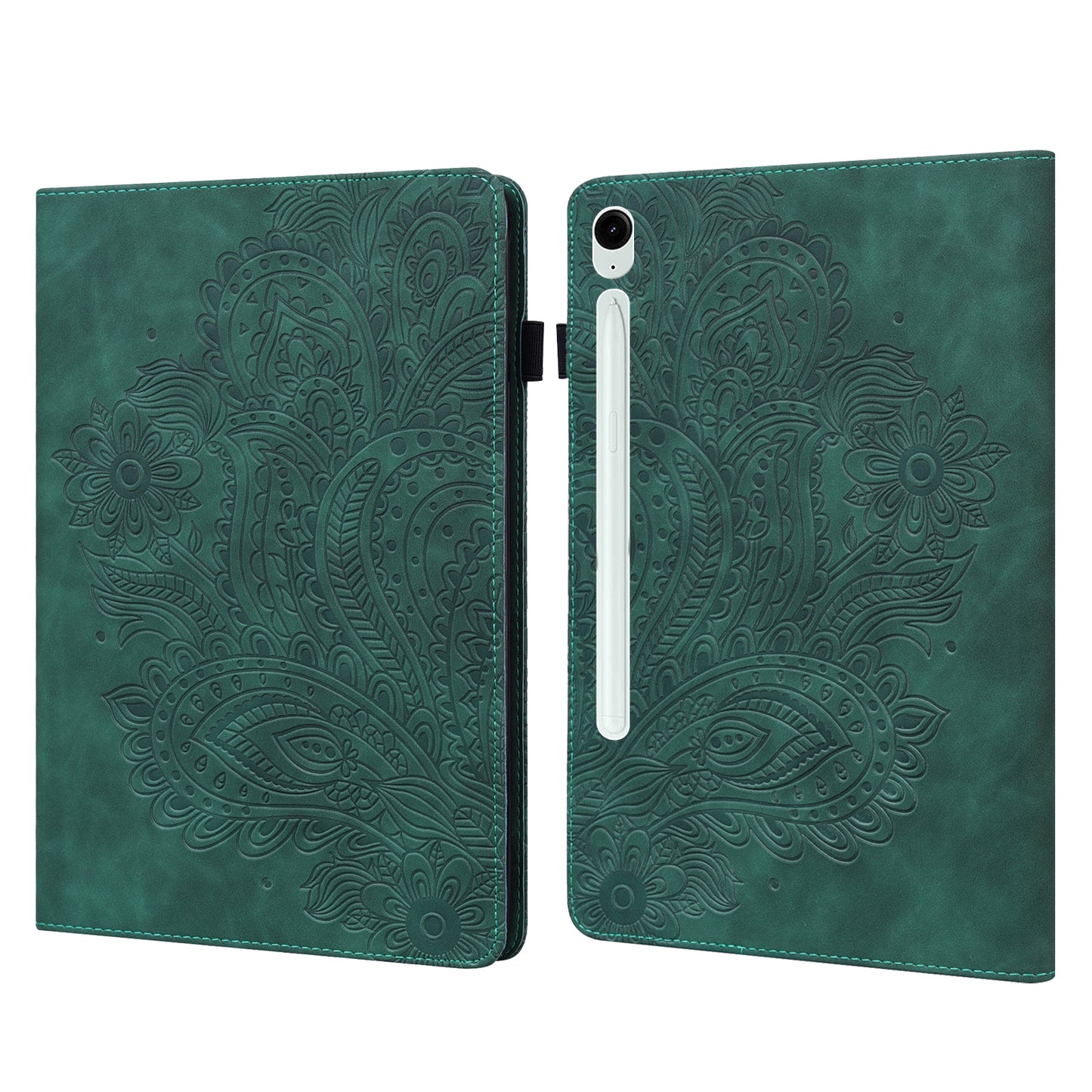 For Samsung Galaxy Tab S10 / S9 / S9 FE PU Leather Card Holder Tablet Case Flower Imprinting Support Stand Cover - Green