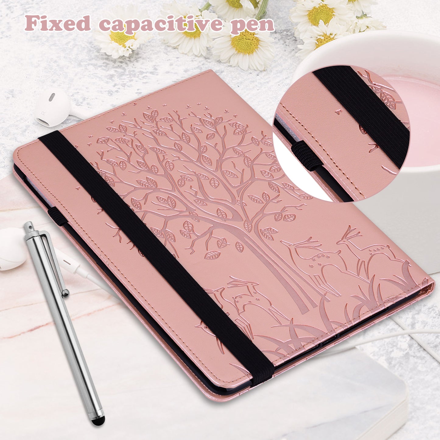 For Samsung Galaxy Tab S10 / S9 / S9 FE Tree Deer Imprinted Stand Cover PU Leather Card Holder Tablet Case - Rose Gold