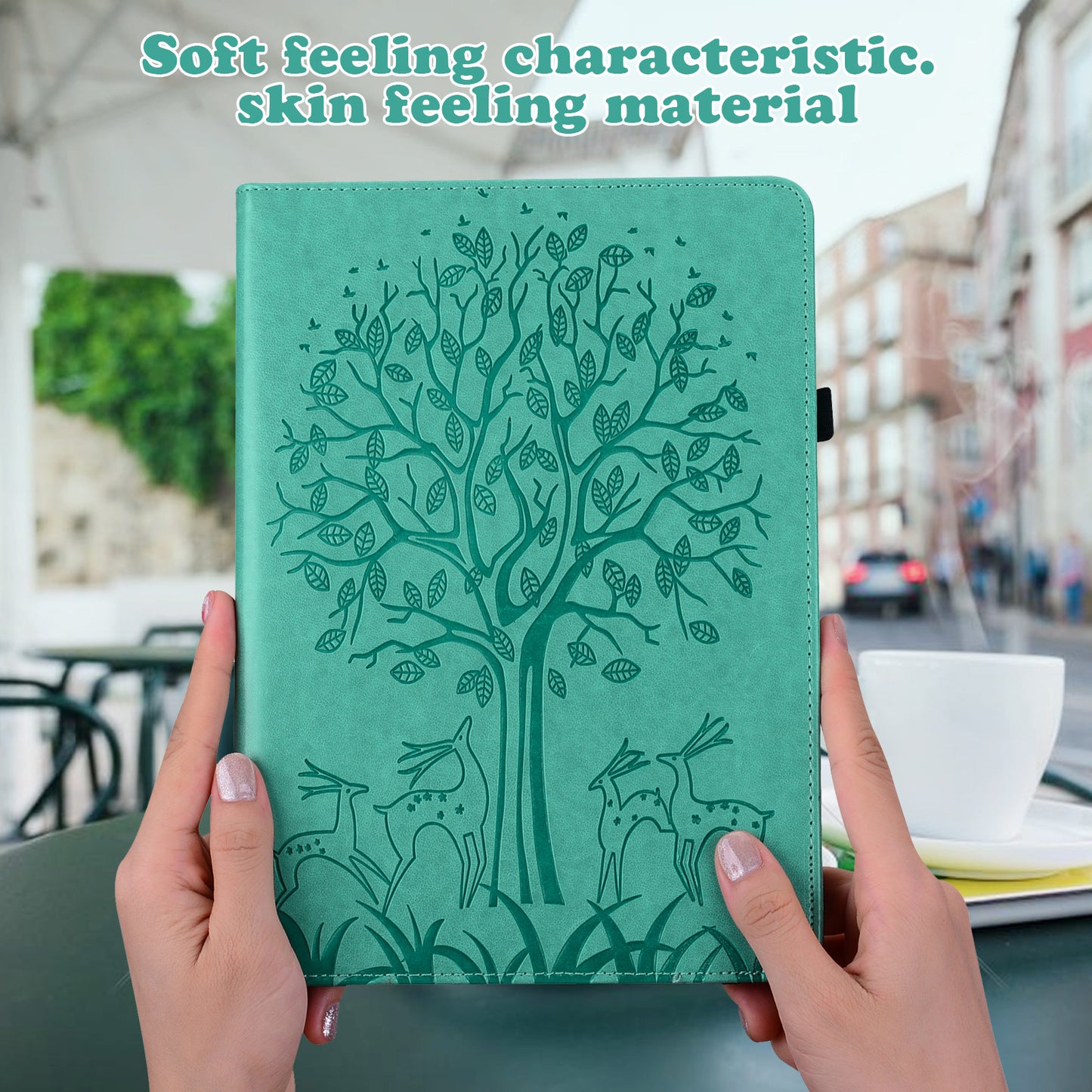 For Samsung Galaxy Tab S10 / S9 / S9 FE Tree Deer Imprinted Stand Cover PU Leather Card Holder Tablet Case - Green