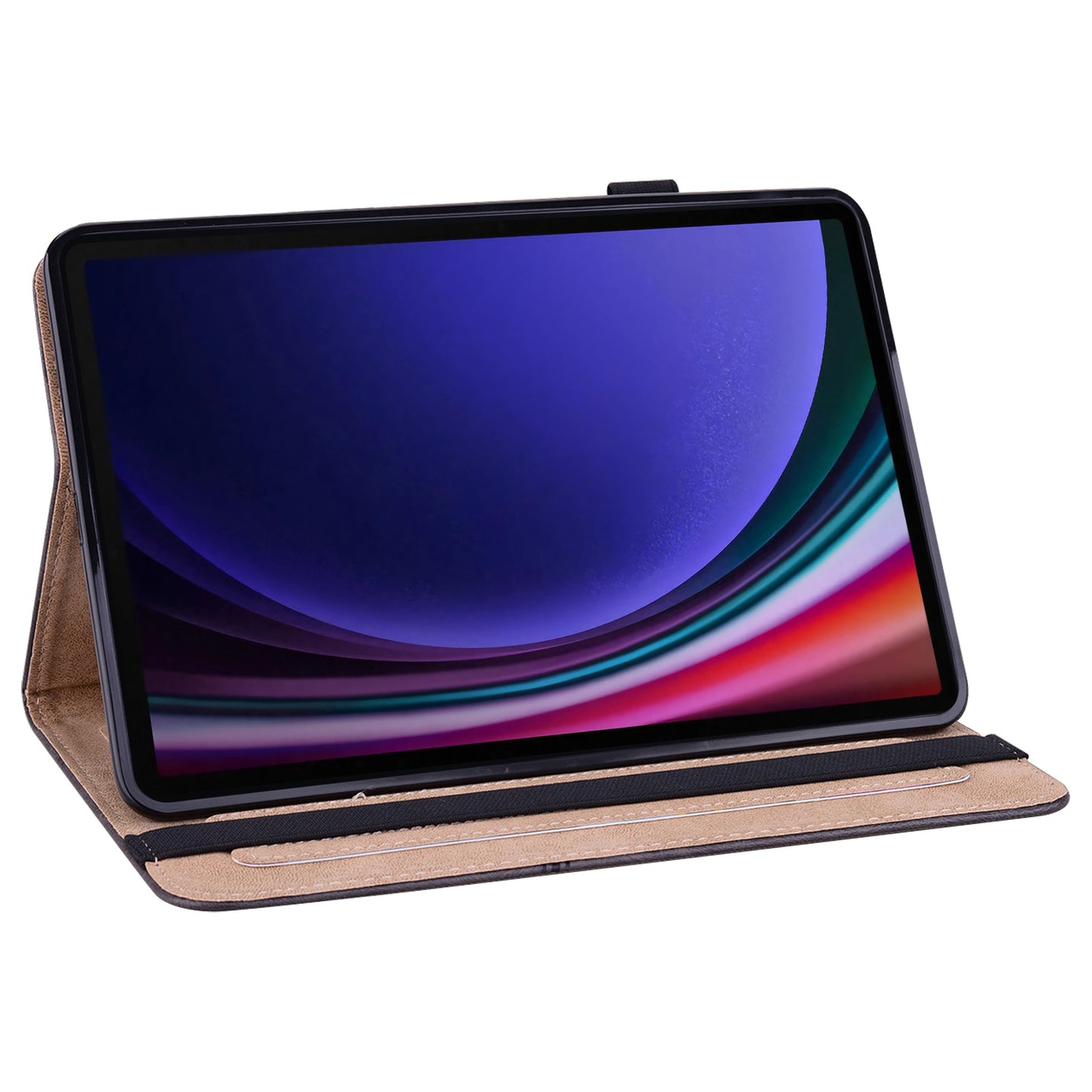 For Samsung Galaxy Tab S10 / S9 / S9 FE PU Stand Cover Line Imprinted Protective Tablet Cover with Card Slots - Black