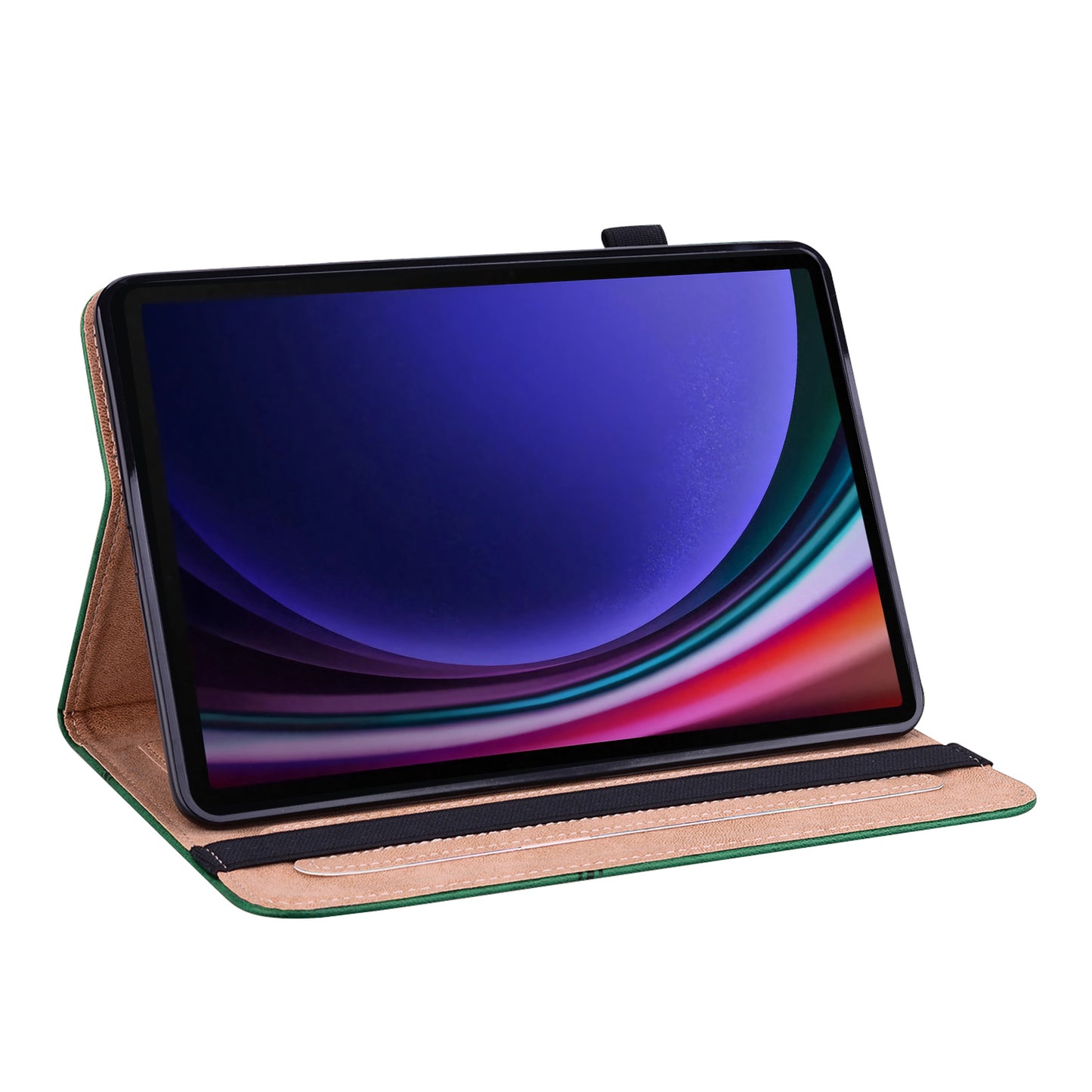 For Samsung Galaxy Tab S10 / S9 / S9 FE PU Stand Cover Line Imprinted Protective Tablet Cover with Card Slots - Green