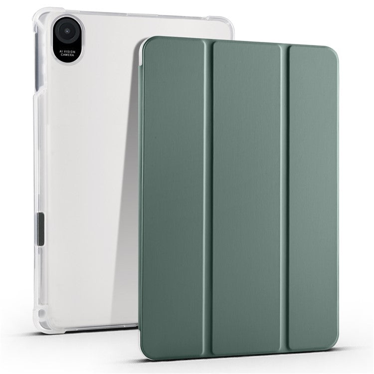For Honor Pad 8 Trifold Stand Tablet Case with Pencil Holder PU Leather Transparent TPU Back Cover, Auto Wake / Sleep - Midnight Green