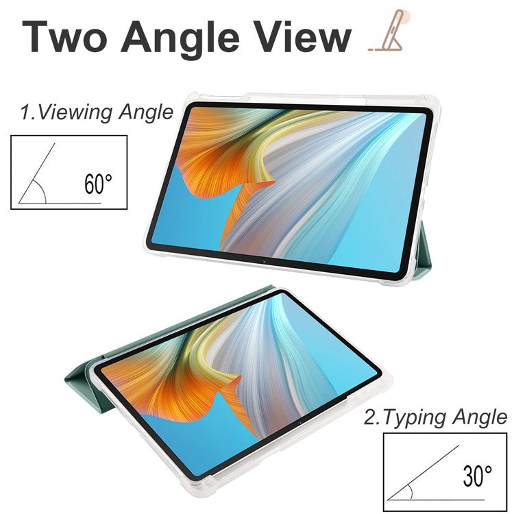 For Honor Pad 8 Trifold Stand Tablet Case with Pencil Holder PU Leather Transparent TPU Back Cover, Auto Wake / Sleep - Midnight Green