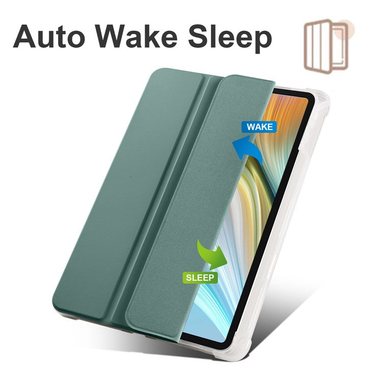 For Honor Pad 8 Trifold Stand Tablet Case with Pencil Holder PU Leather Transparent TPU Back Cover, Auto Wake / Sleep - Midnight Green