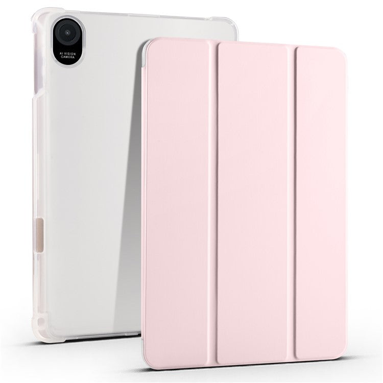 For Honor Pad 8 Trifold Stand Tablet Case with Pencil Holder PU Leather Transparent TPU Back Cover, Auto Wake / Sleep - Pink