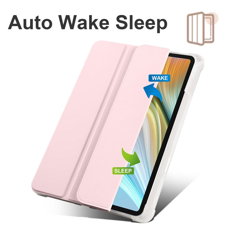 For Honor Pad 8 Trifold Stand Tablet Case with Pencil Holder PU Leather Transparent TPU Back Cover, Auto Wake / Sleep - Pink