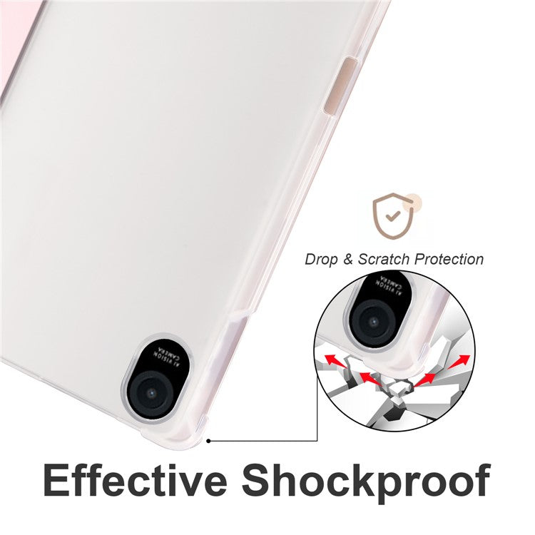 For Honor Pad 8 Trifold Stand Tablet Case with Pencil Holder PU Leather Transparent TPU Back Cover, Auto Wake / Sleep - Pink