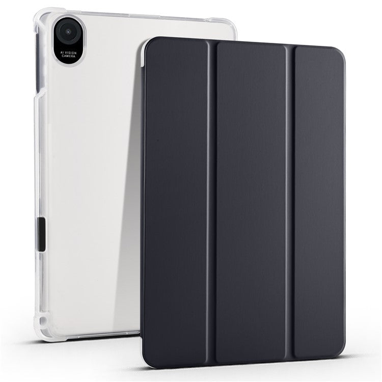 For Honor Pad 8 Trifold Stand Tablet Case with Pencil Holder PU Leather Transparent TPU Back Cover, Auto Wake / Sleep - Black