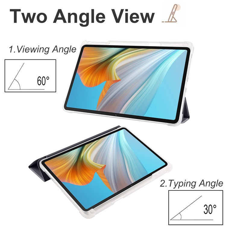 For Honor Pad 8 Trifold Stand Tablet Case with Pencil Holder PU Leather Transparent TPU Back Cover, Auto Wake / Sleep - Black