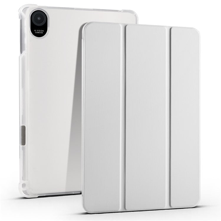 For Honor Pad 8 Trifold Stand Tablet Case with Pencil Holder PU Leather Transparent TPU Back Cover, Auto Wake / Sleep - Grey