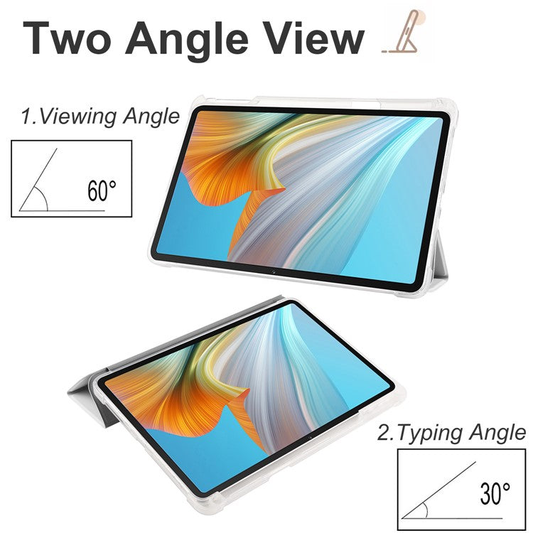 For Honor Pad 8 Trifold Stand Tablet Case with Pencil Holder PU Leather Transparent TPU Back Cover, Auto Wake / Sleep - Grey