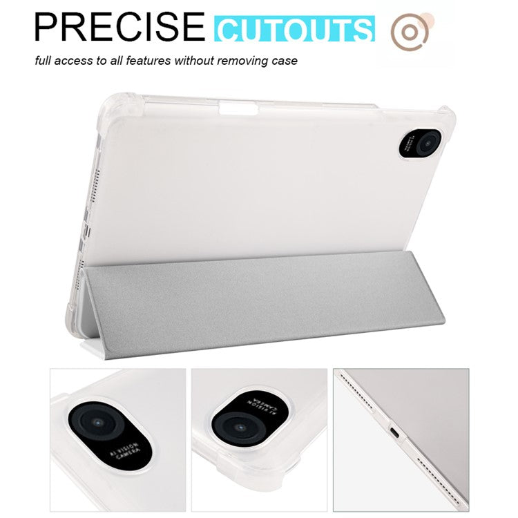 For Honor Pad 8 Trifold Stand Tablet Case with Pencil Holder PU Leather Transparent TPU Back Cover, Auto Wake / Sleep - Grey